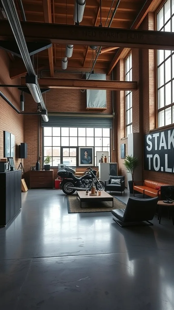 A spacious modern urban loft with high ceilings, exposed brick walls, large windows, and stylish furniture including a motorcycle.