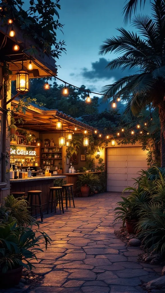 Tropical garage bar with mood lighting from lanterns, surrounded by plants and a stone pathway