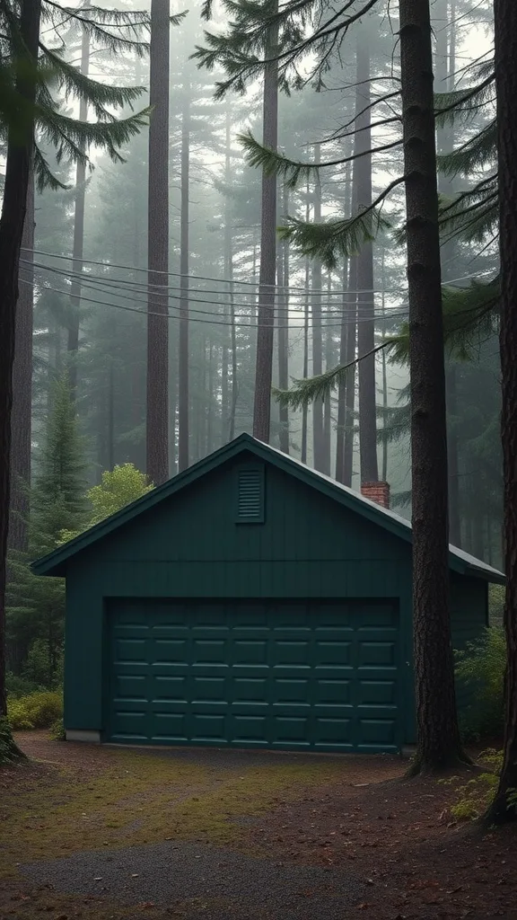 A garage painted in moody forest green, surrounded by tall trees and mist