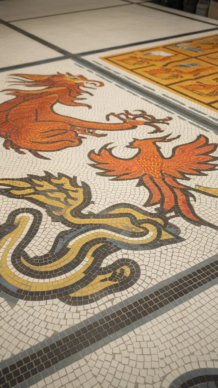 A detailed view of colorful mosaic tiles featuring a dragon and a phoenix design.