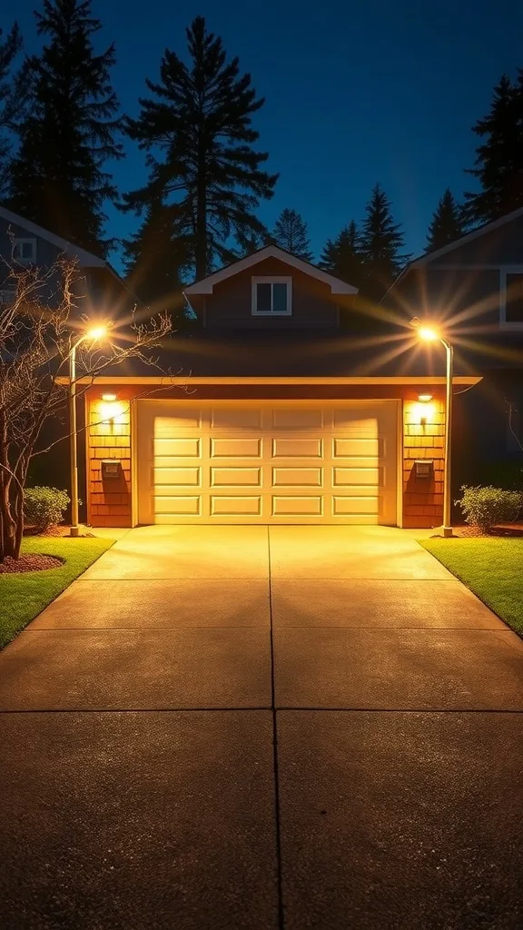 A garage with motion sensor flood lights illuminating the driveway at night.