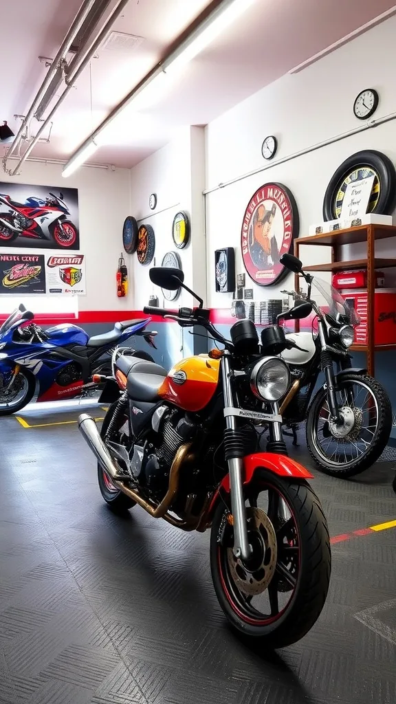 A stylish motorcycle-themed garage with dark colors and decorative elements