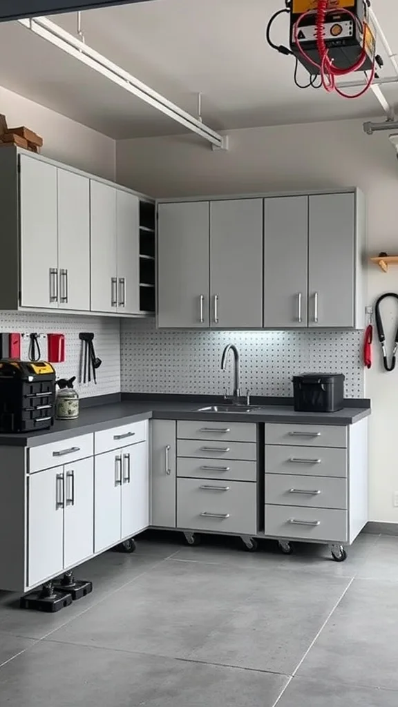 Multi-functional garage cabinets with a modern design, featuring grey and white colors, a countertop workspace, and tools organized on a pegboard.