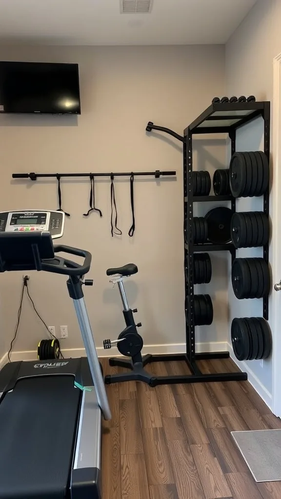 A multi-purpose garage gym featuring a treadmill and a dumbbell rack.