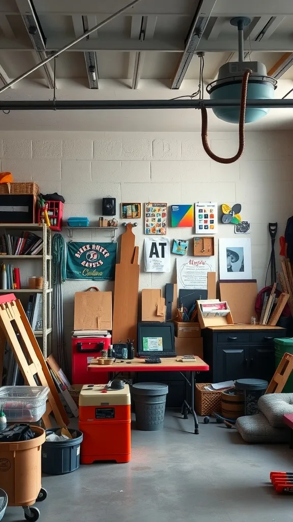 A garage converted into a colorful art studio with various tools, supplies, and a cozy seating area.