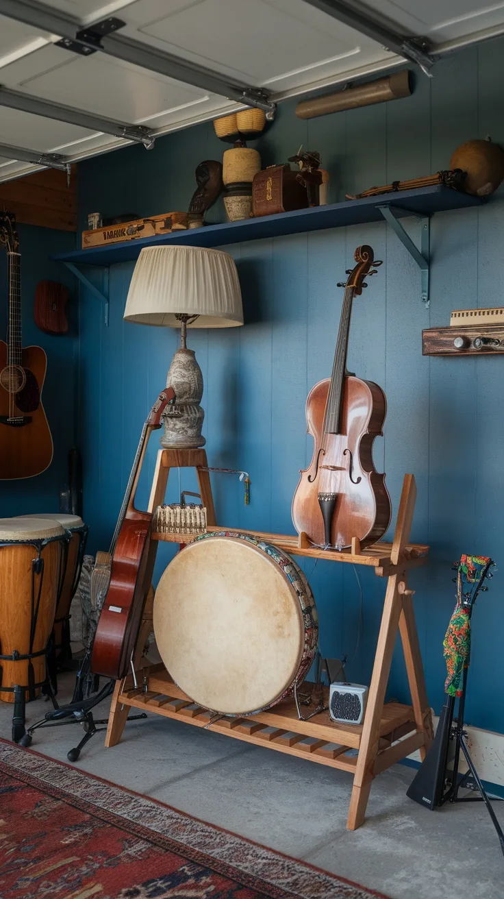 A cozy garage converted into a music room featuring traditional Irish instruments like guitars, drums, and a fiddle against a blue wall.