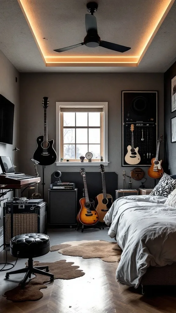 A cozy garage bedroom with guitars hanging on the wall, sound equipment above the bed, and a person sitting comfortably on the bed.