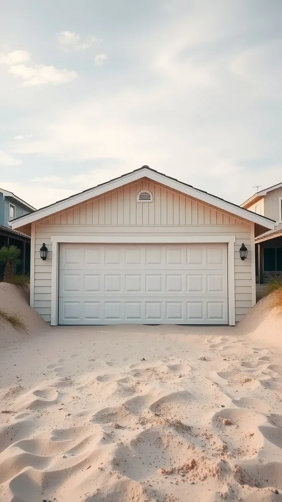 A garage with muted sand exterior color, surrounded by sandy terrain and a clear sky.