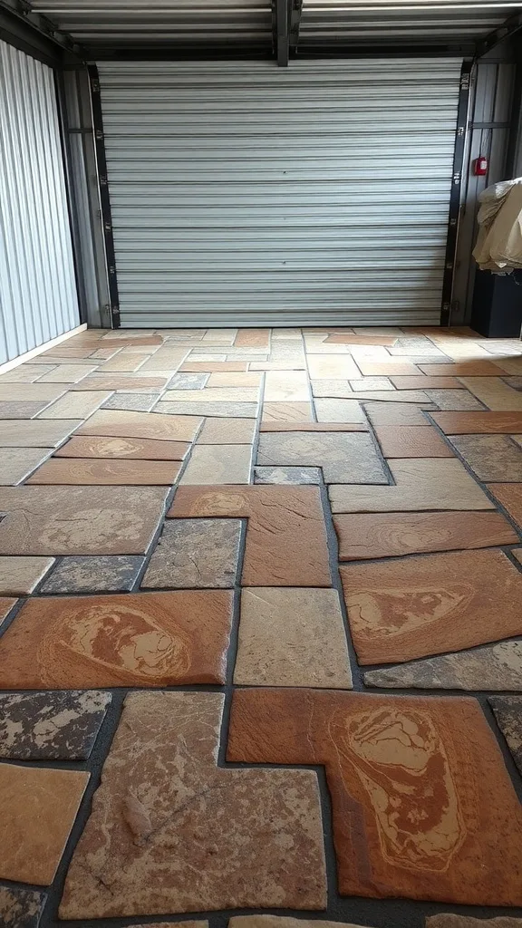 A garage floor made of natural stone with a unique pattern.