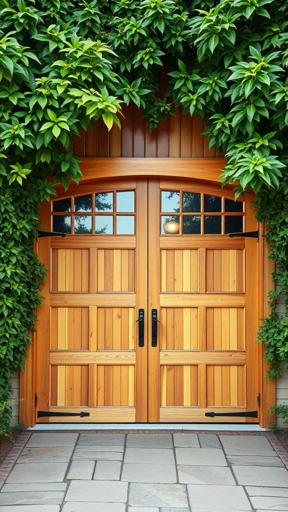 Natural wood garage door with clear glass panels surrounded by greenery