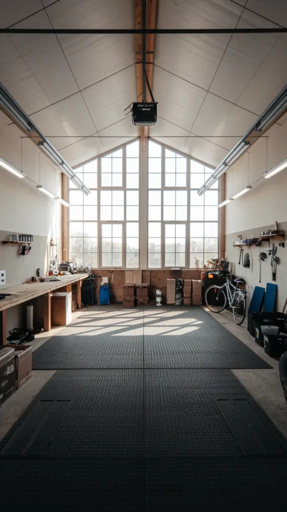 A garage with a high ceiling and large windows. The garage has a few items, including a bike and a few boxes. The floor is covered with a rubber mat. There is a workbench along one wall. The walls have a few hooks for tools. The lighting is bright.