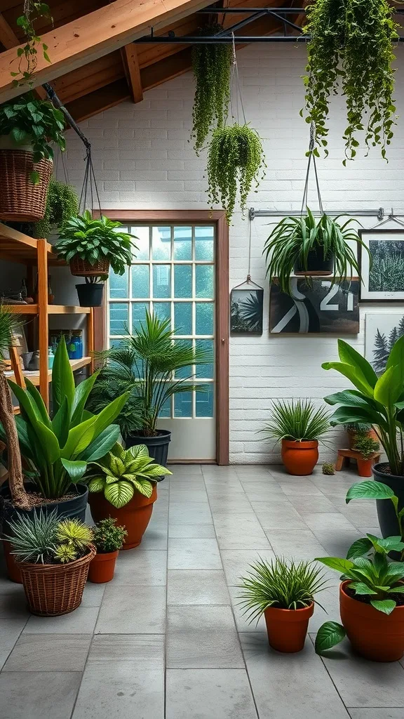 A bright and green art studio with various potted plants and natural light.