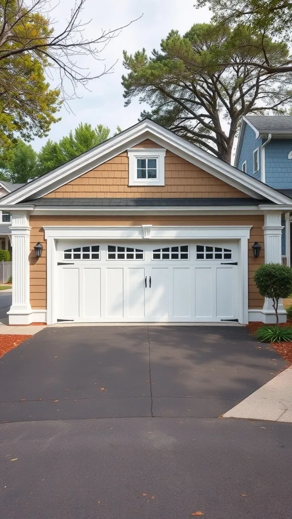 A Neo-Colonial garage with a symmetrical design, featuring wood tones, white accents, and decorative columns.