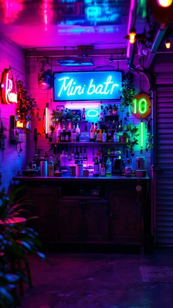 A vibrant garage bar with neon signs and colorful lighting.