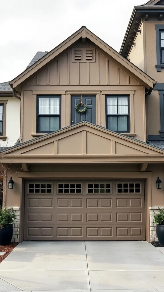 Exterior of a home featuring a taupe garage door and matching wall colors.