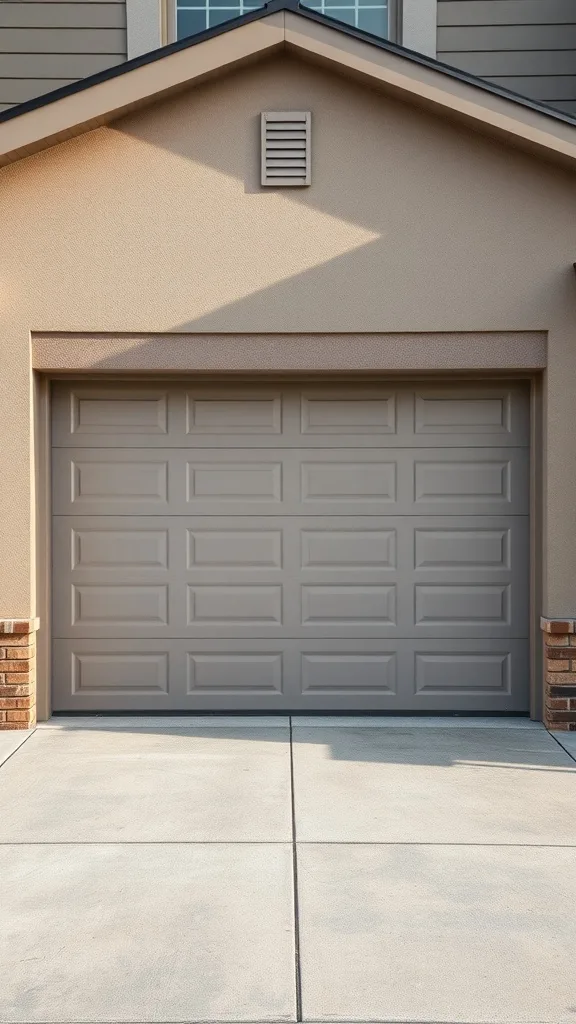 Neutral toned garage door with a textured finish and soft color.