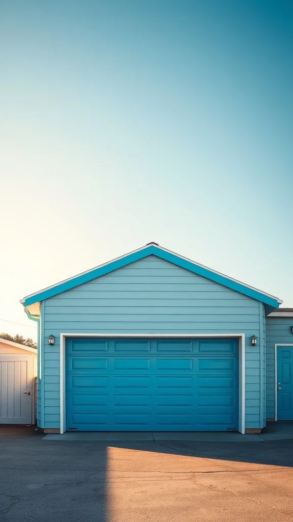 A garage painted in ocean blue with matching accents, set against a clear sky.