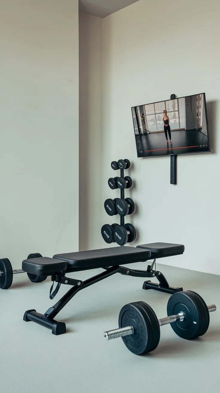 A compact gym setup in a one-car garage featuring adjustable dumbbells, a foldable bench, and wall-mounted accessories.