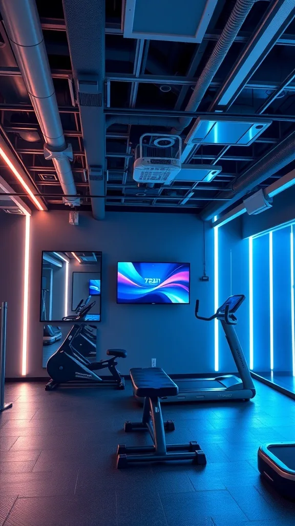 A modern one-car garage gym with LED lighting and various exercise equipment.