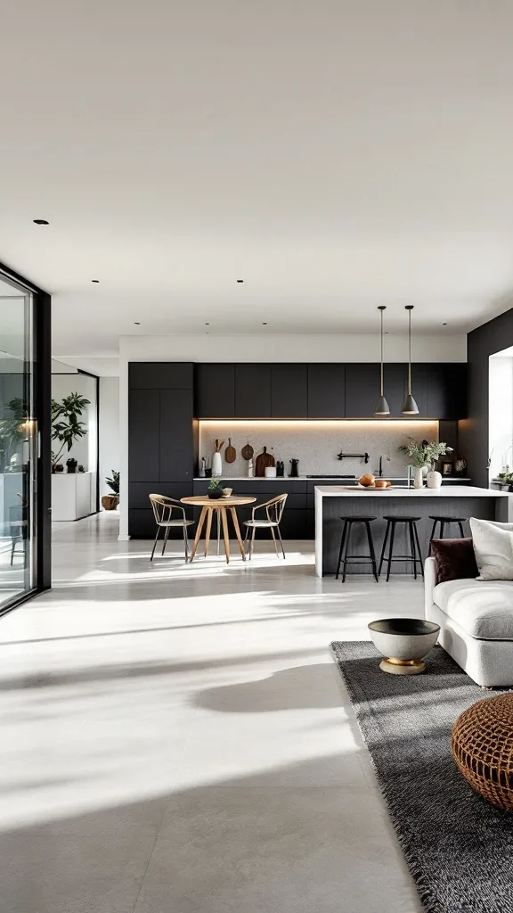 A modern open-concept living space featuring a kitchen and living area with sleek furniture and natural light.