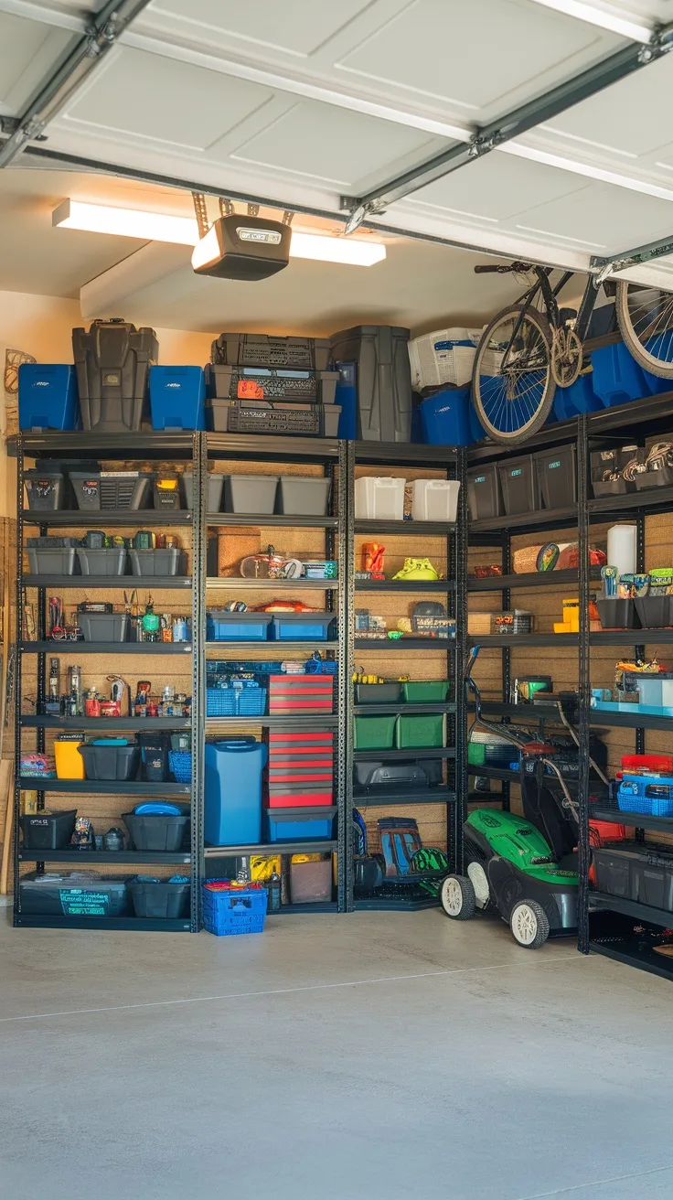 A well-organized garage featuring modular storage units with various bins and shelves