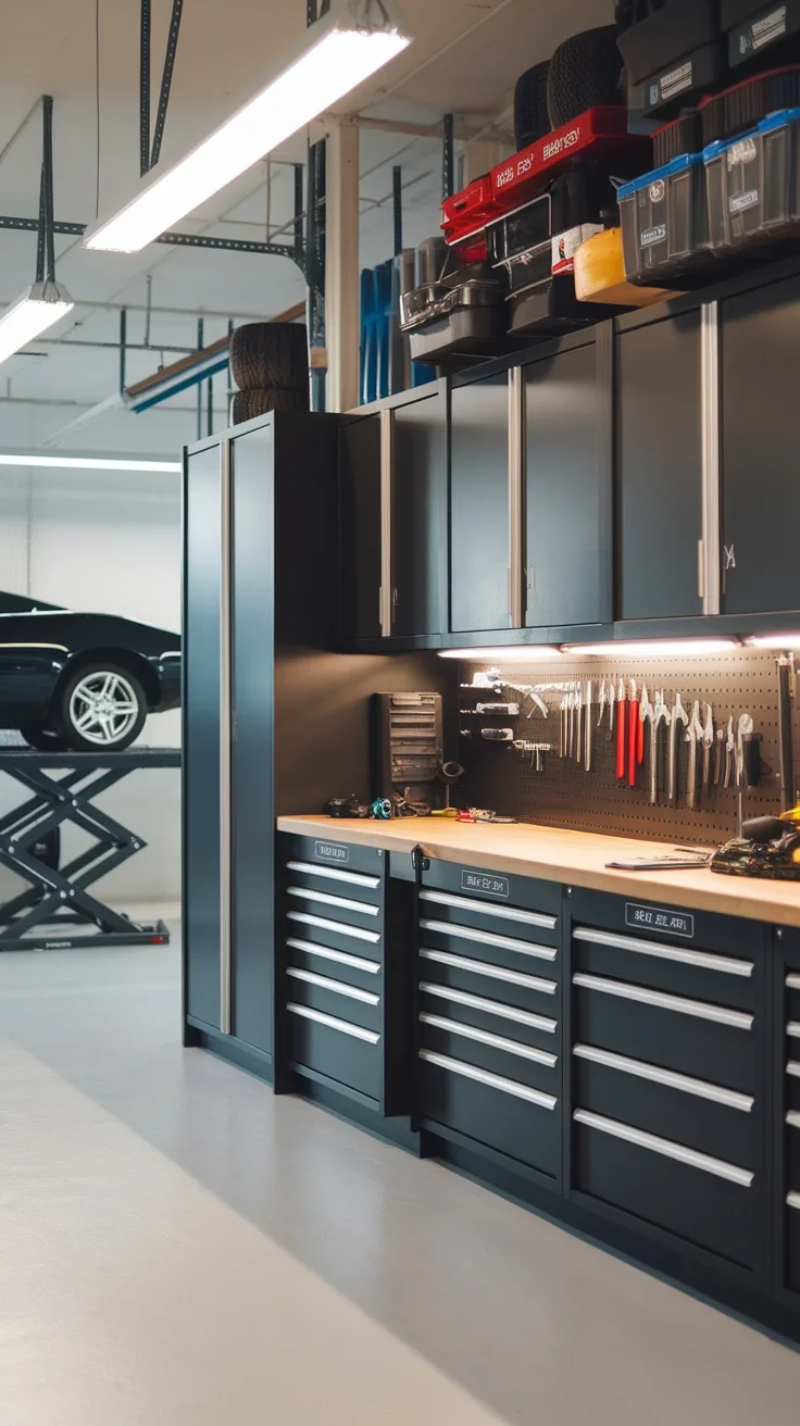 A well-organized garage workshop featuring custom tool cabinets, overhead storage, and a car lift in the background.