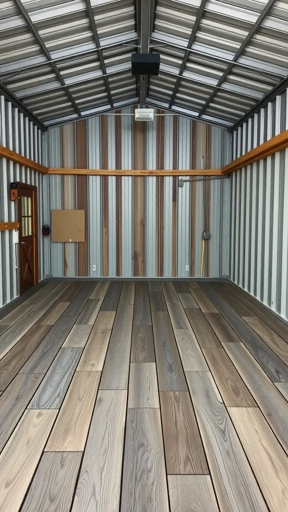 Interior view of a metal garage building with outdoor-grade composite decking