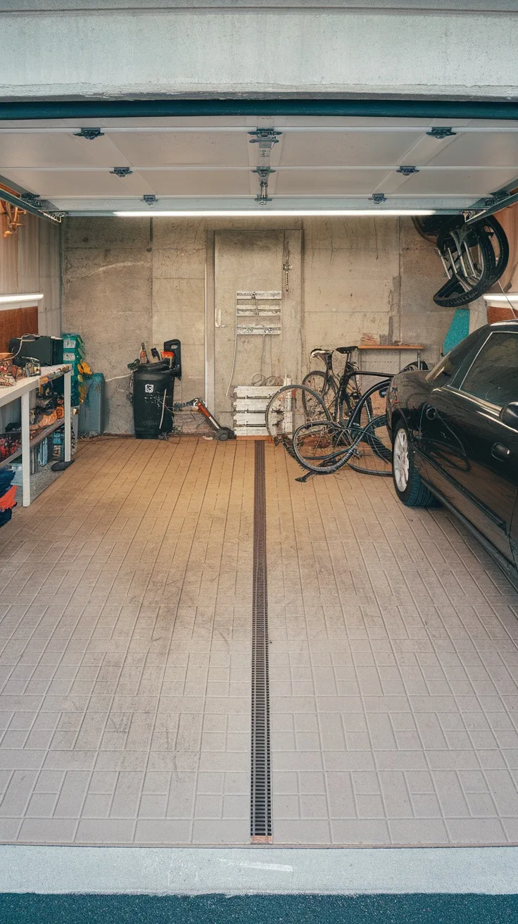 A garage featuring durable outdoor-grade tiles with a clean and organized layout.