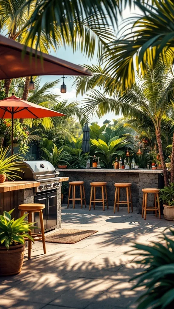 Outdoor barbecue grill surrounded by tropical plants and seating.