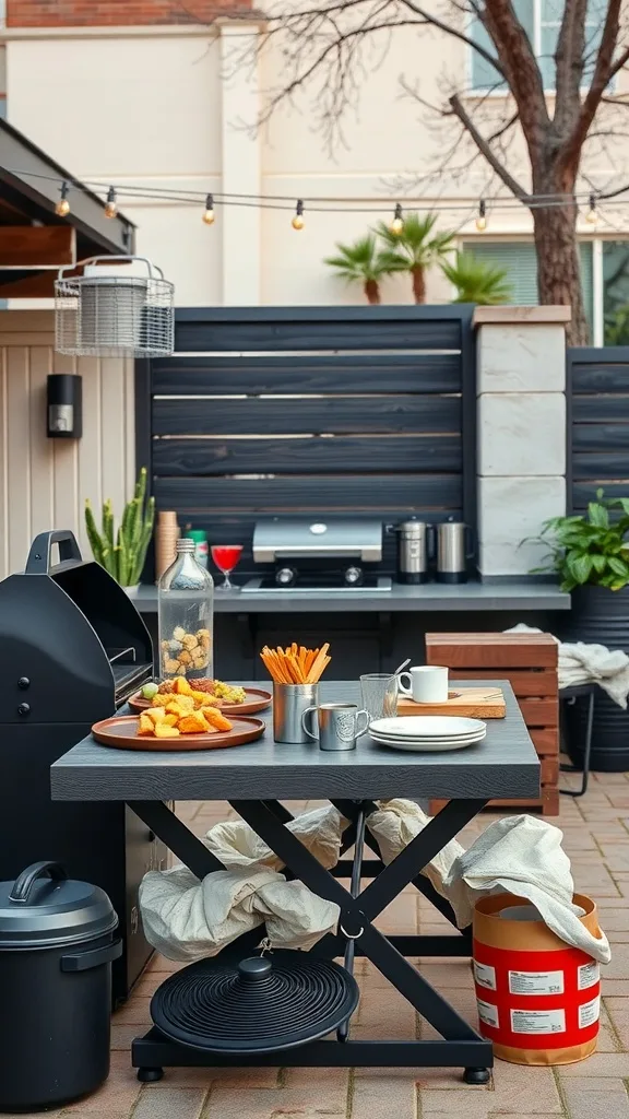 Outdoor BBQ cooking area with a grill, table, and food items