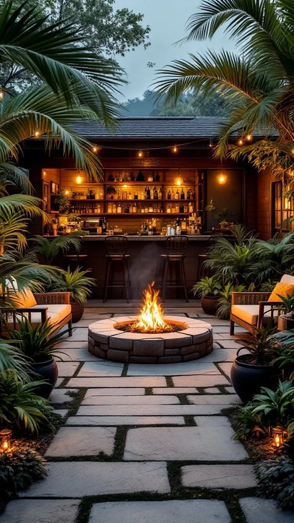 A cozy outdoor fire pit surrounded by tropical plants and bar seating, creating a relaxing space.