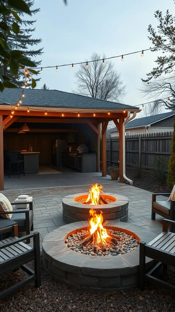 Outdoor fire pit area with seating and string lights