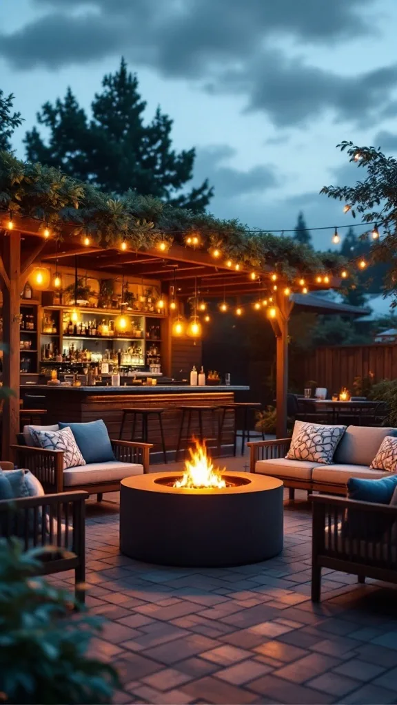 Cozy outdoor fire pit with seating and a bar area, illuminated by string lights.