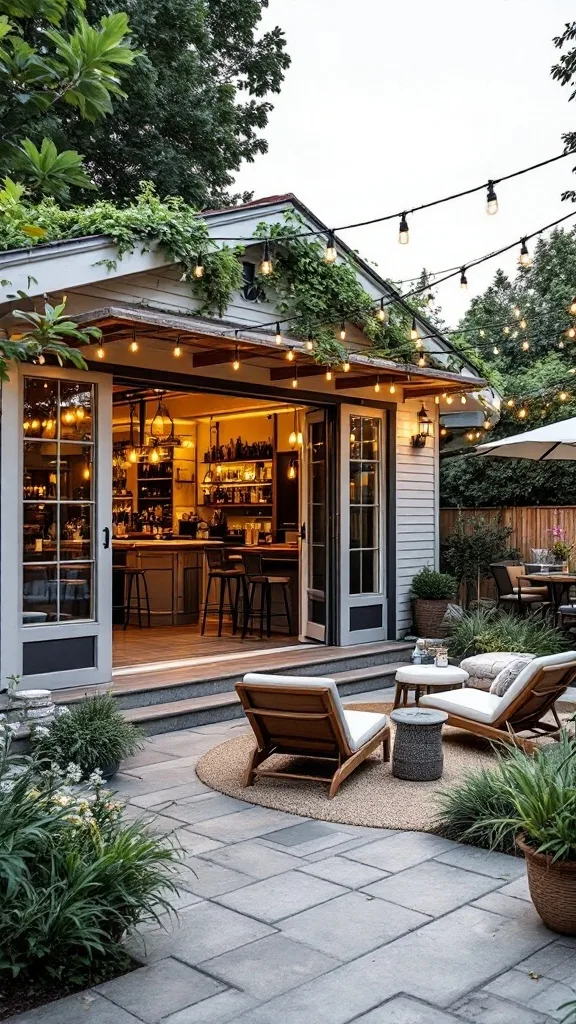 A cozy outdoor garage bar with comfortable seating and patio lights.