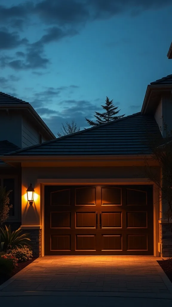 A garage with warm outdoor lighting under a twilight sky