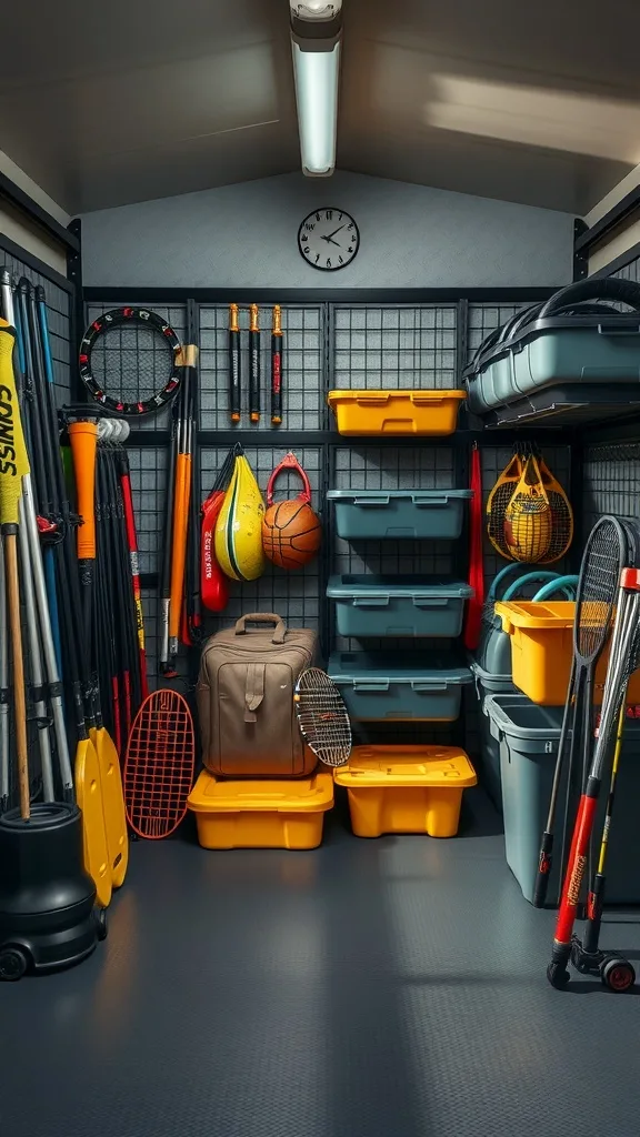 Organized storage area with sports equipment and colorful bins in a garage.