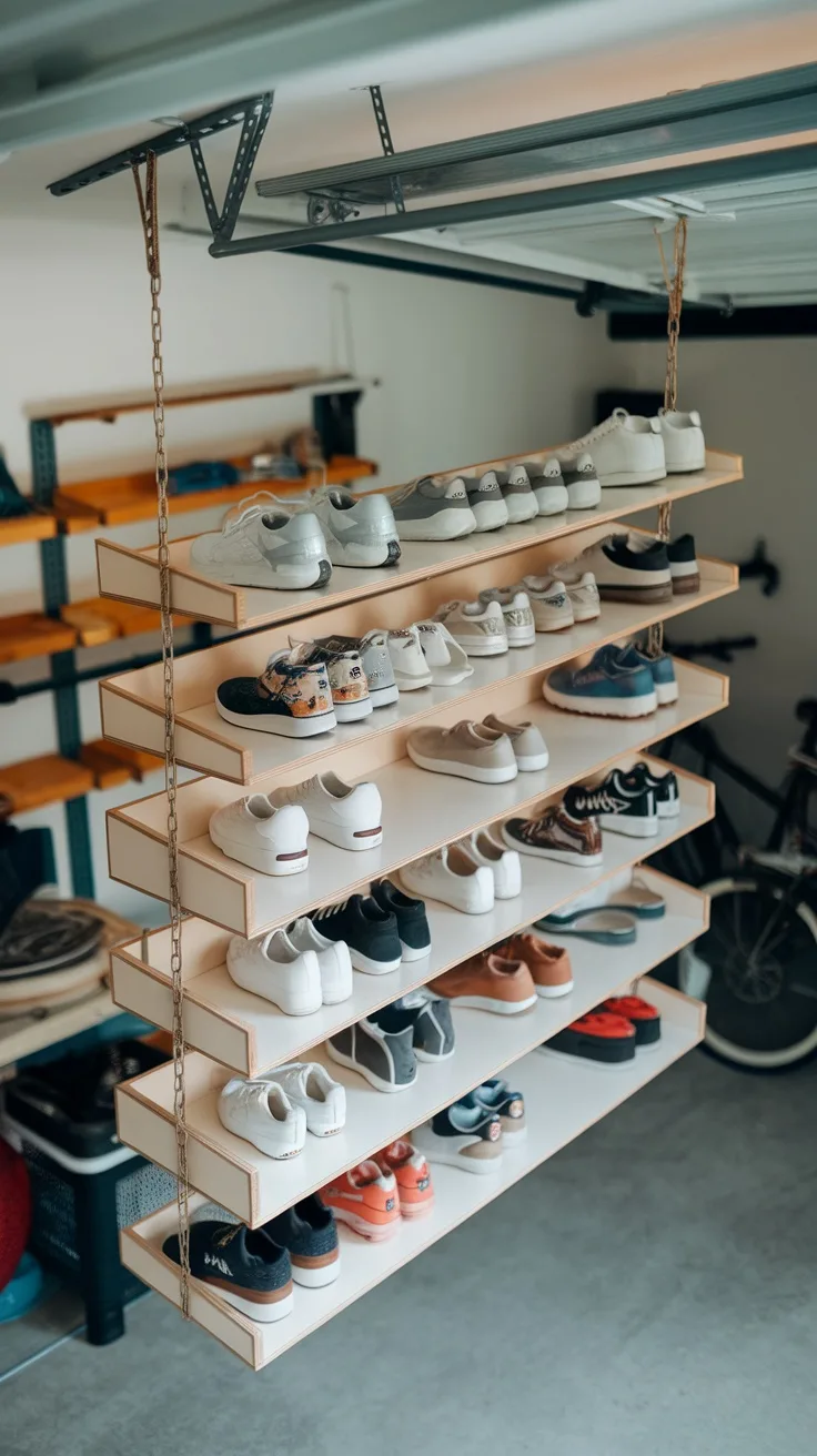 Shoe storage solution with shelves hanging from the ceiling in a garage.