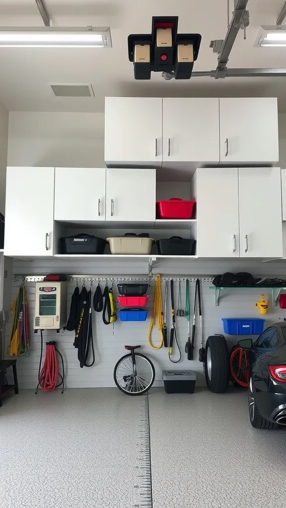 A garage featuring overhead storage cabinets and organized tools