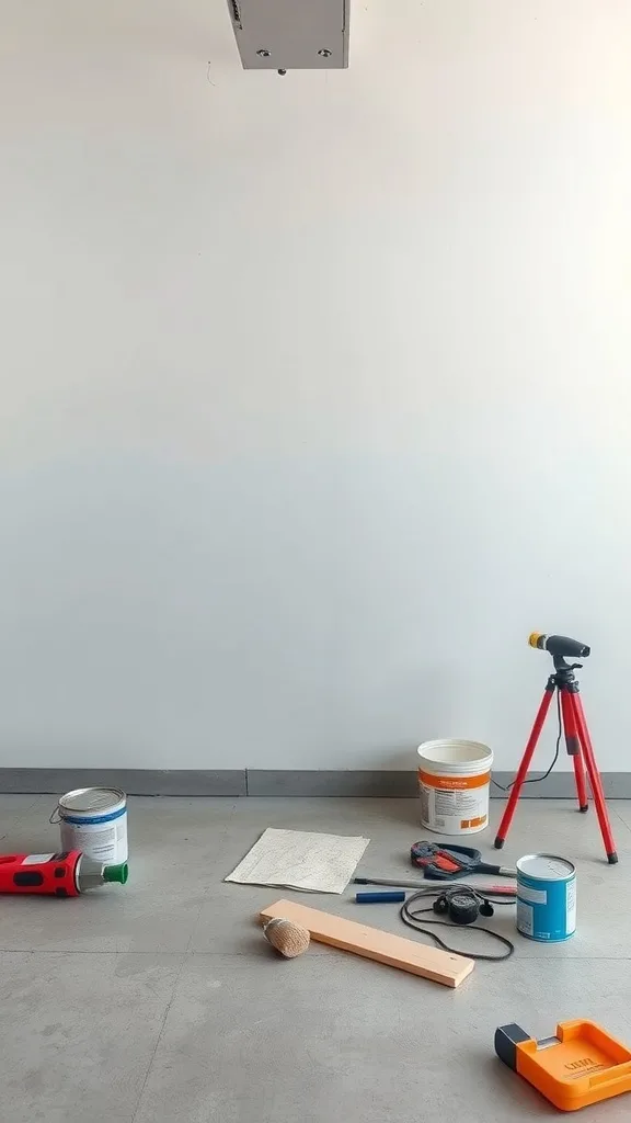 A workspace set up for painting garage walls, featuring paint cans, brushes, and tools.