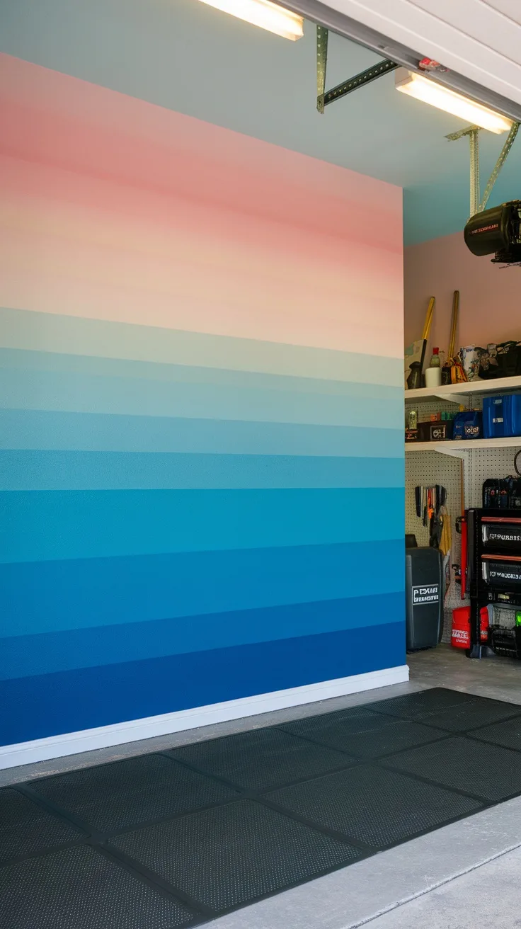 A garage with an ombre wall design featuring a gradient from pink to blue