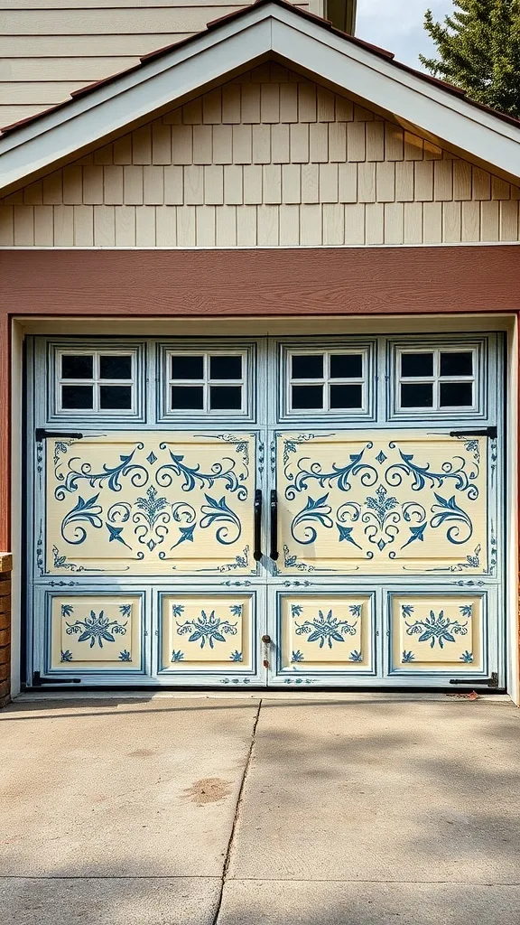 Ornately painted garage door with blue designs on a yellow background