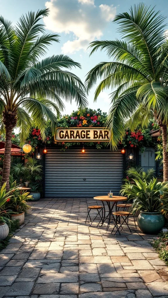 A tropical garage bar setup featuring palm trees, plants, and a welcoming bar sign.