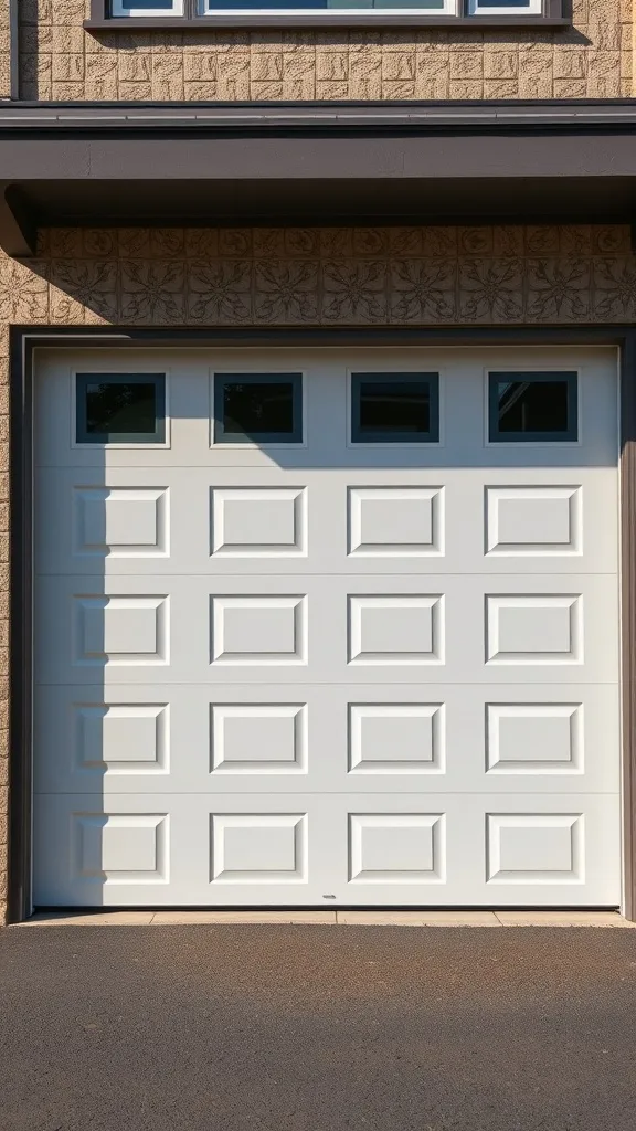 A modern white panelized garage door with square windows against a textured wall.