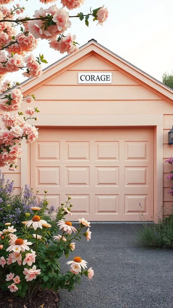 A pastel peach garage surrounded by flowers and plants