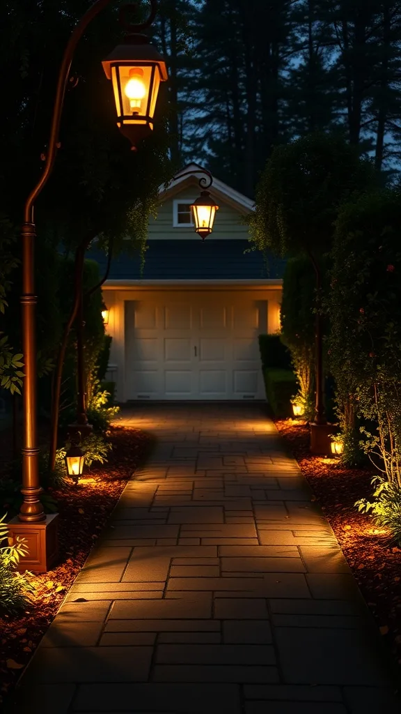 Pathway lit with lanterns leading to a garage