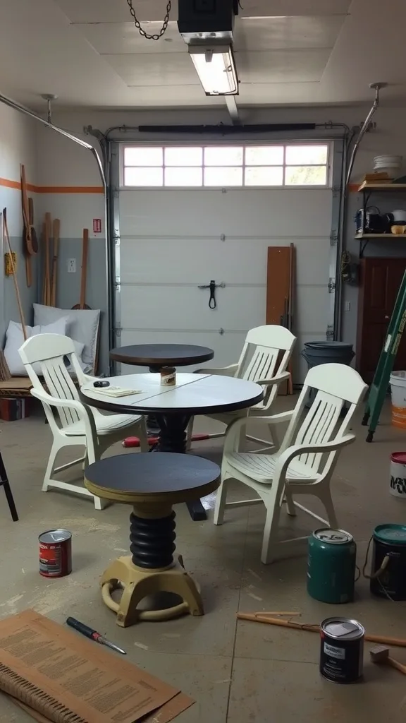 A garage workspace with two tables and four chairs under restoration, surrounded by paint cans and tools.