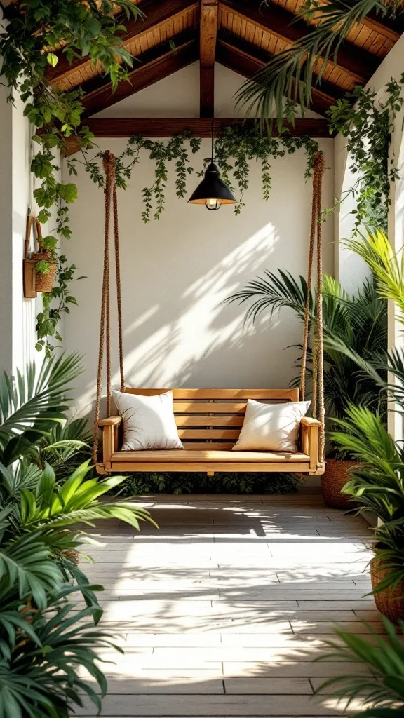 A cozy wooden patio swing surrounded by lush greenery and warm lighting.