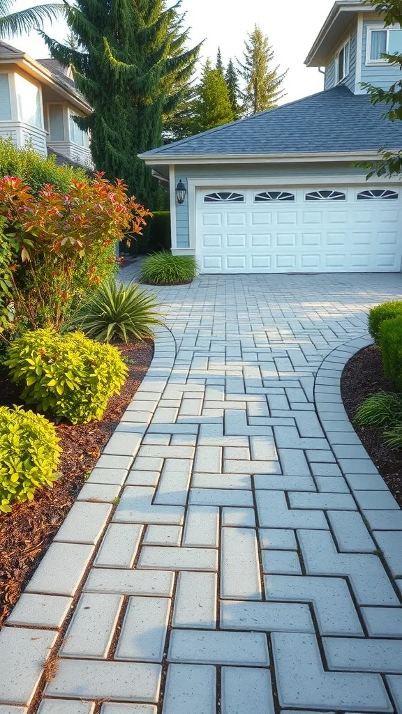 A beautiful paver stone pathway leading to a garage, surrounded by green plants and trees.