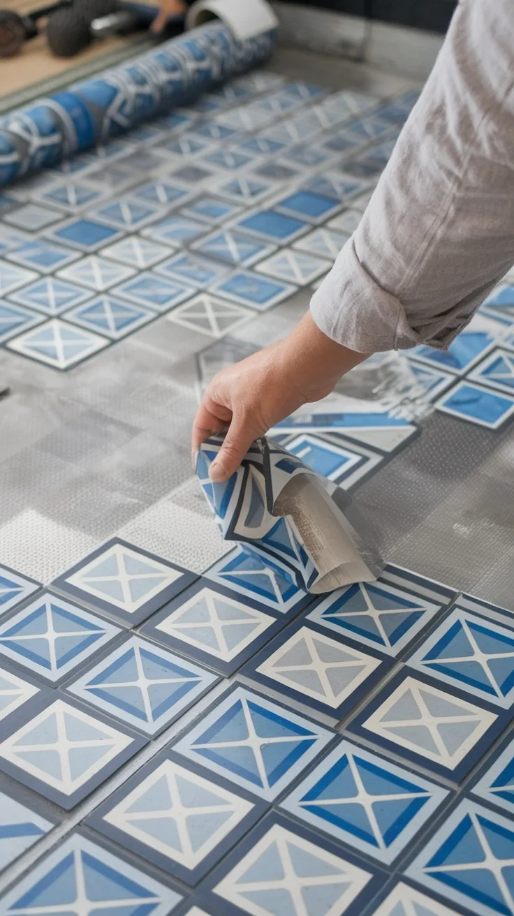 A person installing peel-and-stick tiles in a garage