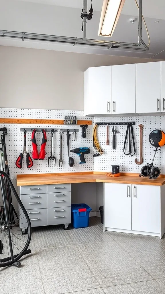 A well-organized garage with a pegboard and integrated cabinets featuring tools and a workspace.